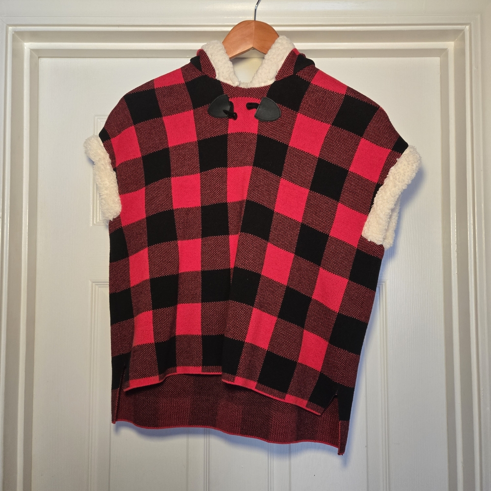 Tommy Bahama Women’s Buffalo Plaid Sherpa Hoodie Poncho Cape Vest Size M" - Picture 2 of 6